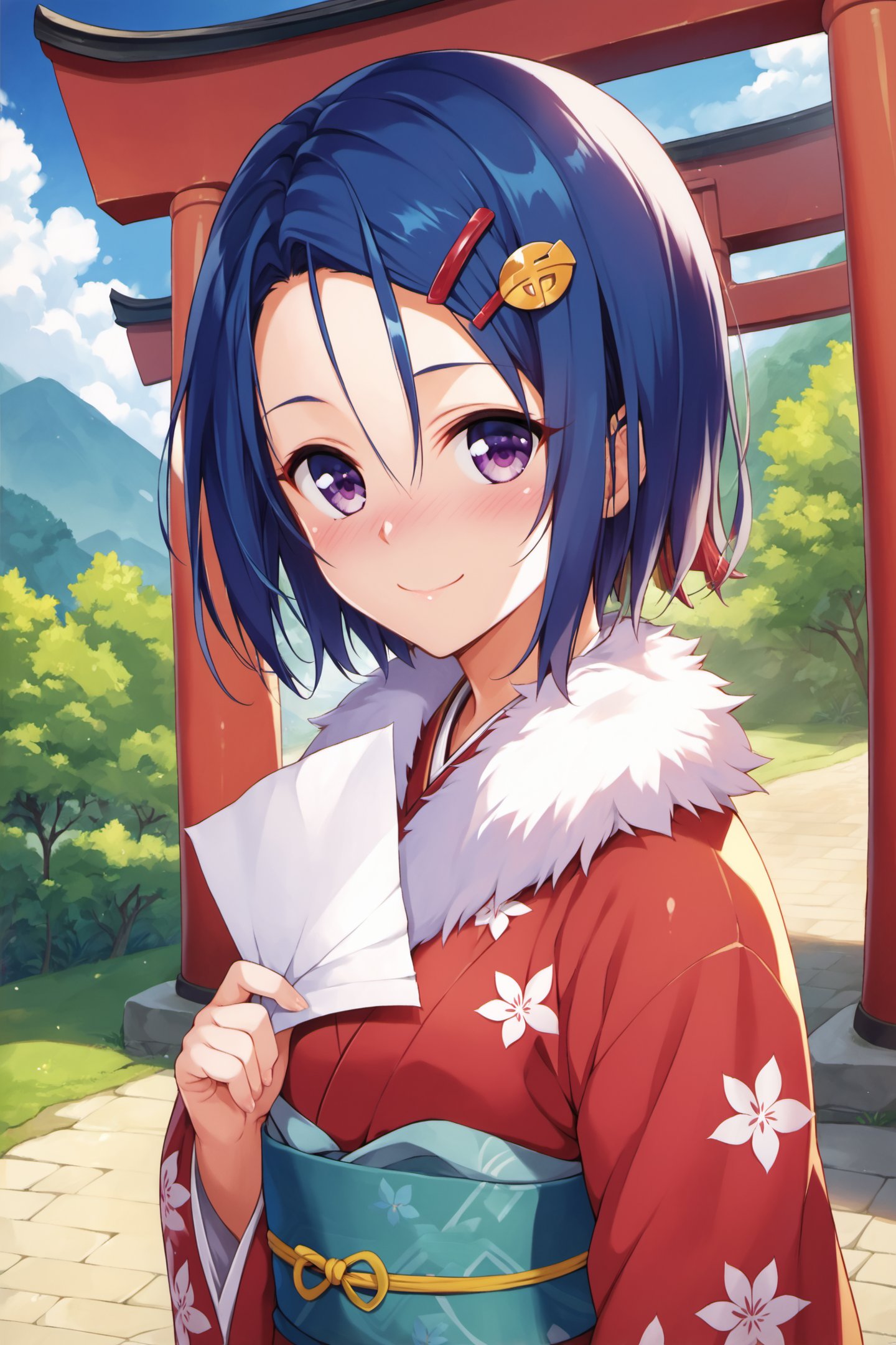 1girl,haruna sairenji,solo,japanese clothes,smile,hair ornament,kimono,blush,sash,obi,looking at viewer,omikuji,purple eyes,short hair,hairclip,holding,blue hair,torii,outdoors,red kimono,floral print,day,closed mouth,long sleeves,wide sleeves,upper body,paper,sunlight,print kimono,bangs,nose blush,fur collar,blurry,forehead,hair between eyes,pom pom (clothes),score_8_up,score_7_up,score_9,<lora:Yabuki Kentarou_XL_PONY:0.8>,