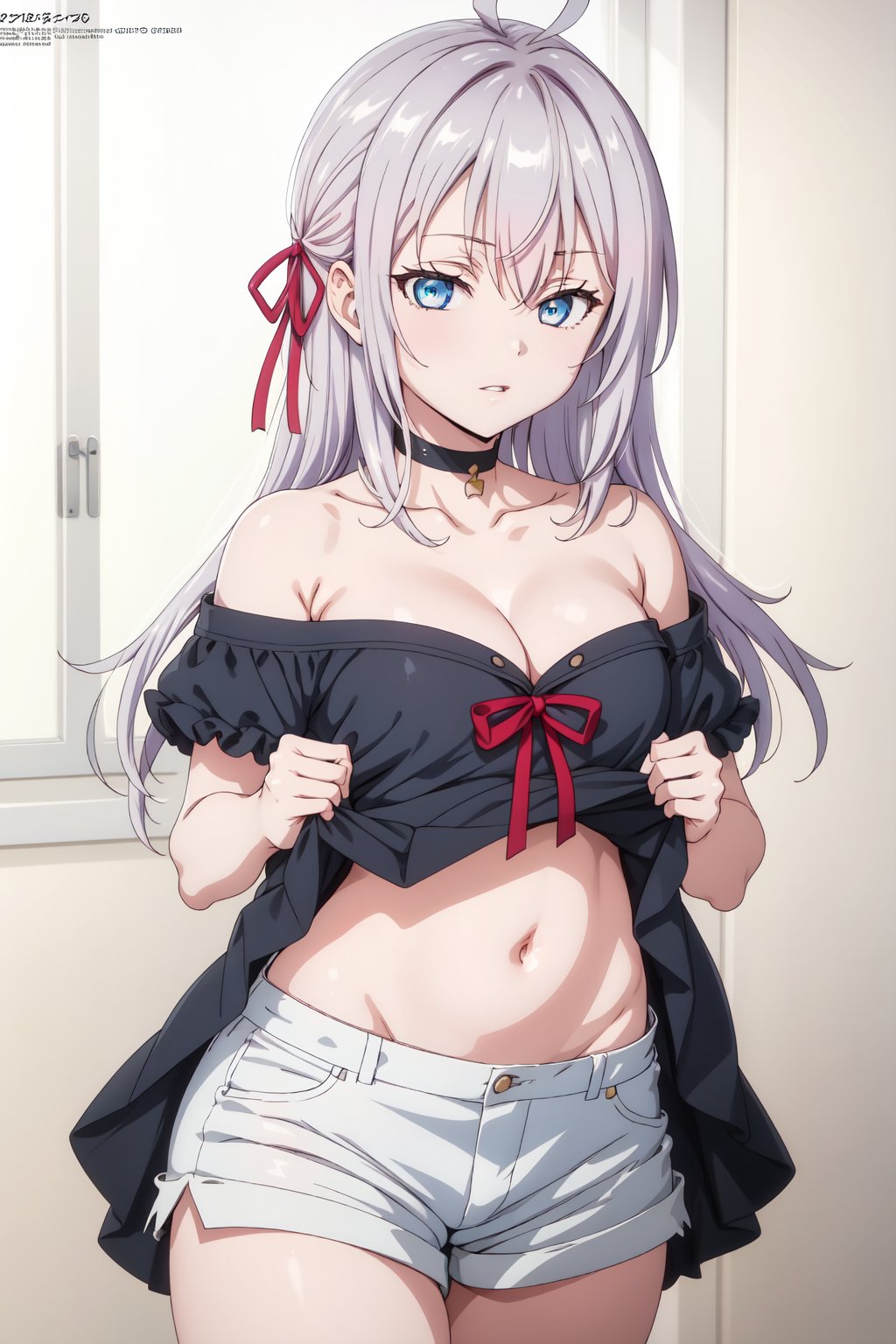 AlisaMikhailovna, 4k, absurd, high resolution, very high resolution, high definition, masterpiece, 1girl, solo, long hair, looking at viewer, blue eyes, simple background, white background, ribbon, navel, cleavage, bare shoulders, medium breasts, collarbone, hair ribbon, ahoge, cowboy shot, parted lips, shorts, choker, clothes lift, red ribbon, short shorts, strapless, black choker, lifted by self, white shorts<lora:EMS-418017-EMS:0.800000>