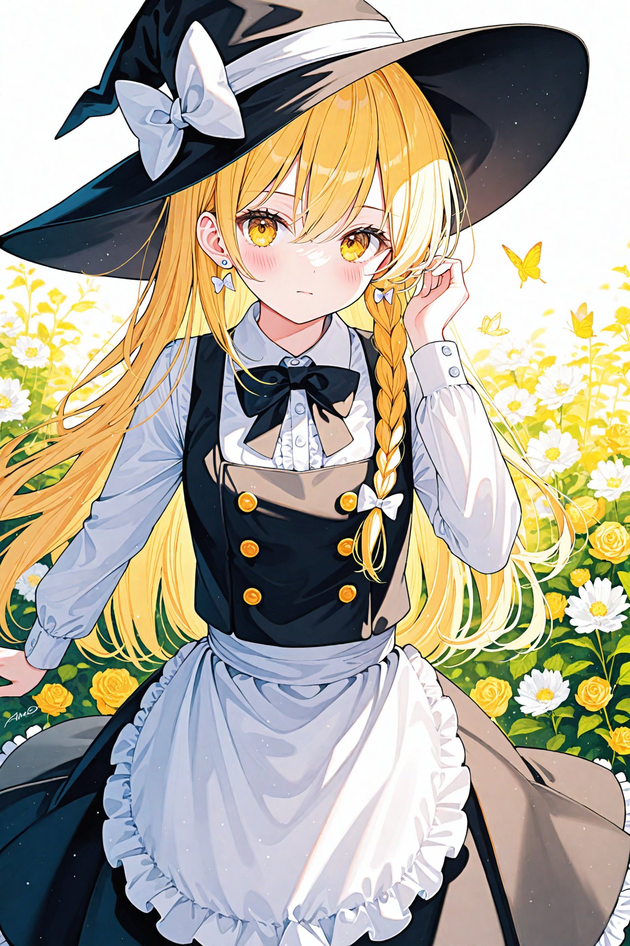 masterpiece,best quality,illustration,ultra detailed,hdr,Depth of field,(colorful),Artist ame929,1girl,hat,kirisame marisa,blonde hair,solo,yellow eyes,bug,witch hat,butterfly,long hair,braid,bow,flower,apron,black headwear,single braid,long sleeves,hair ornament,earrings,jewelry,white bow,hair flower,shirt,white shirt,closed mouth,hair between eyes,waist apron,white apron,black bow,white flower,hat bow,black skirt,blush,bowtie,skirt,black bowtie,looking at viewer,rose,hair bow,vest,black vest,frills,signature,buttons,hand on headwear,