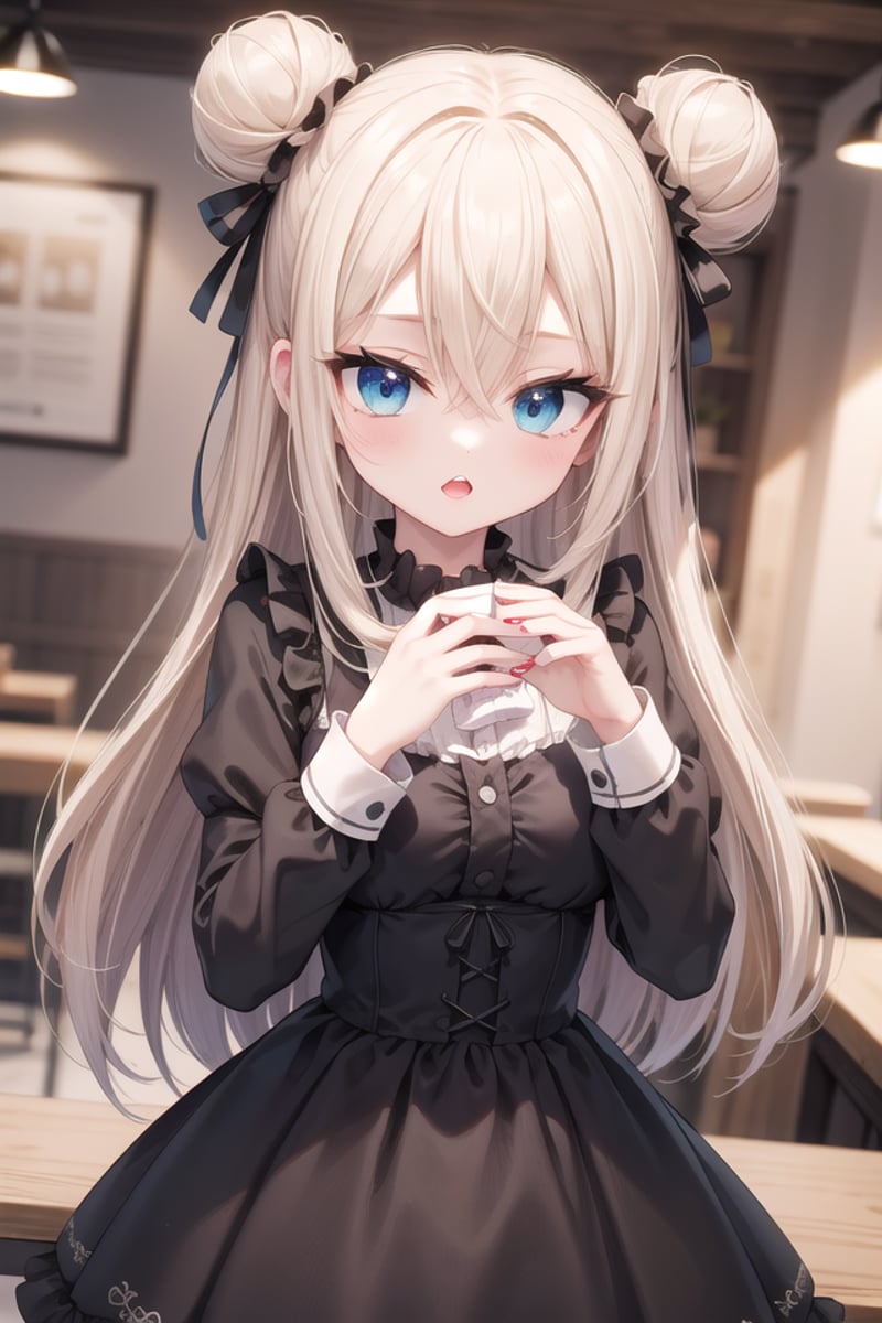 <lora:talkmouth_U_type1_v200:1>insanely detailed, absurdres, ultra-highres, ultra-detailed, best quality,1girl, solo, nice hands, perfect handsBREAKgothic theme, black gothic dress, white frill, hair dressBREAK(nsfw:-1.5)BREAKsmile, open mouthBREAK,standing, cowboy shot, looking at viewerBREAKslender, kawaii, perfect symmetrical face, ultra cute girl, ultra cute face, ultra detailed eyes, ultra detailed hair, ultra cute, ultra beautifulBREAKin coffee shop, depth of field, ultra detailed backgroundBREAKmedium large breastsBREAKblonde hair, blue eyes, double bun, hair between eyes