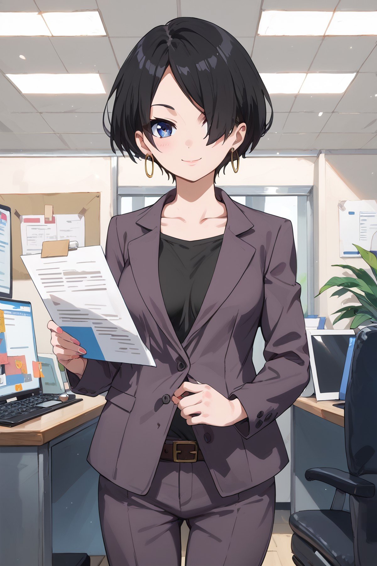 score_9, score_8_up, score_7_up, , source_anime,  okitsuyuka, solo, earrings, black hair, short hair, suit, looking at viewer, 1girl, blue eyes,, collarbone, pants, , , best quality, masterpiece, cowboy shot, hair over one eye, holding document, office, smile, black shirt, medium breasts,  belt,  <lora:okitsuyuka_pony:1>