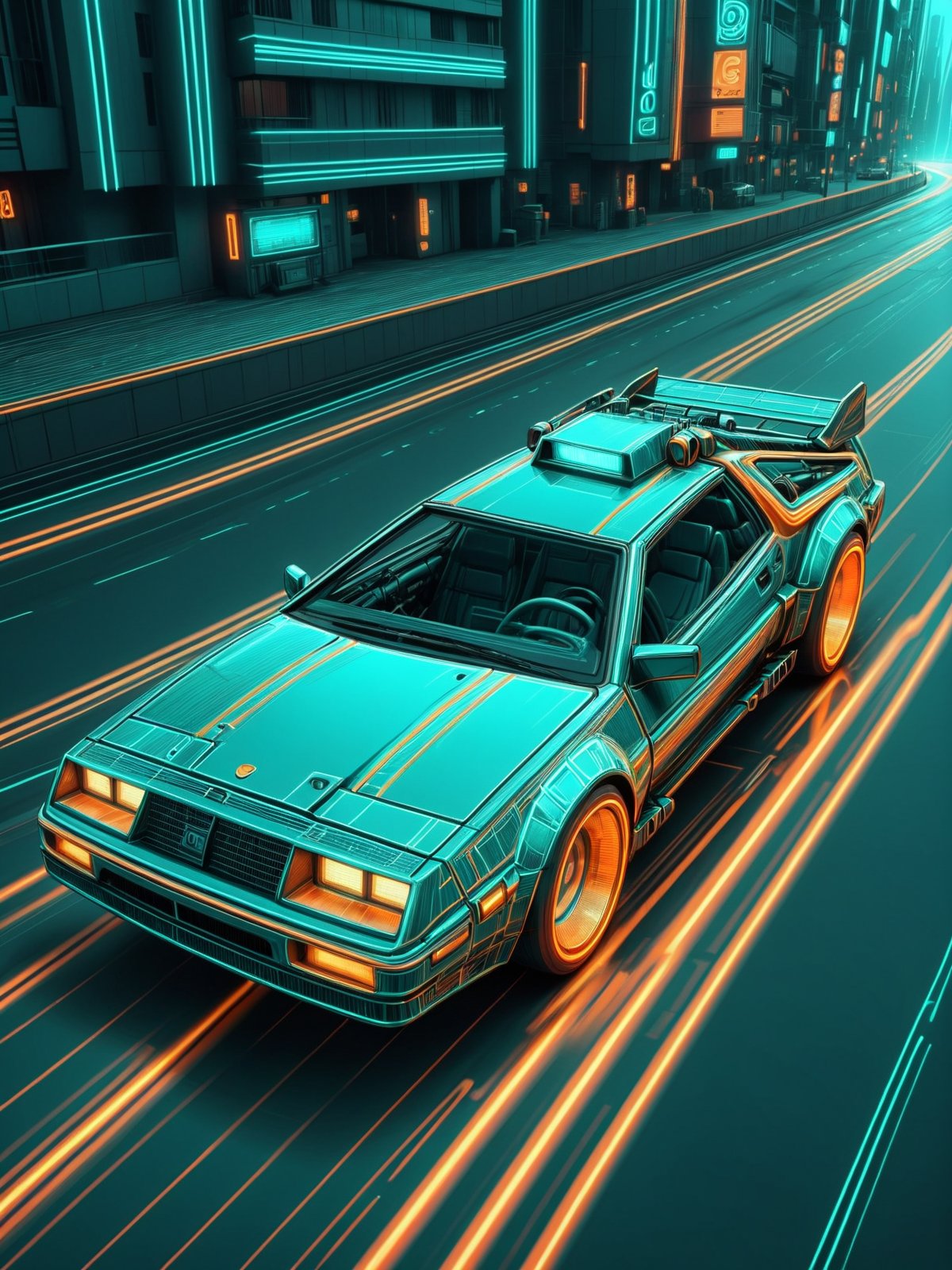 car driving fast, teal coloring, grid, orange outlines, motion blur, cyberpunk, 1980s, retro, scifi <lora:Neon_Cyberpunk_SDXL_-_Cyberspace:0.8>, (masterpiece:1.2), best quality, (hyperdetailed, highest detailed:1.2), high resolution textures