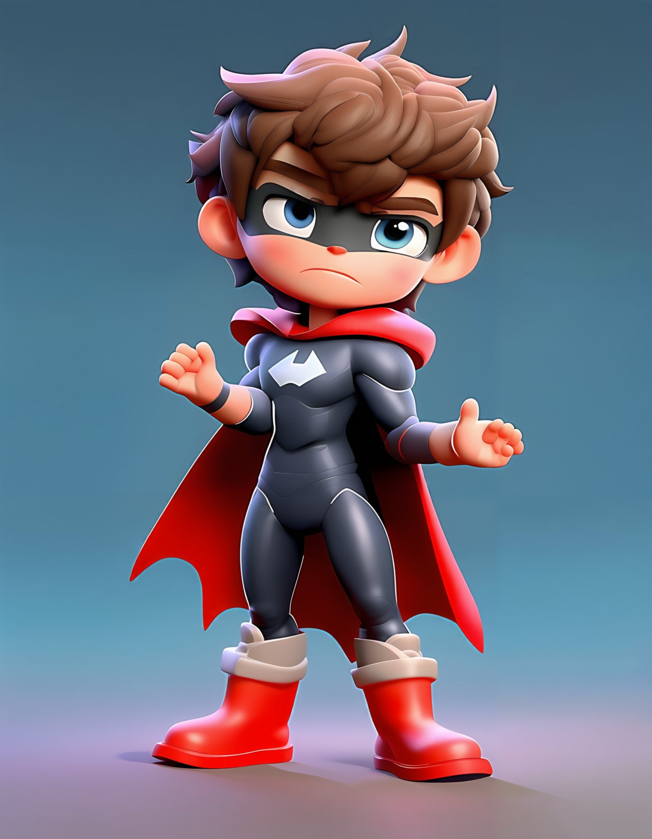 short hair, blue eyes, brown hair, 1boy, closed mouth, standing, full body, male focus, boots, chibi, cape, bodysuit, red footwear, clenched hands, red cape, superhero