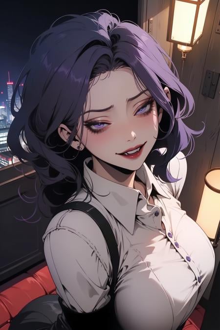 1girl, <lora:MiJung_BNW:0.6> MiJungdef, purple eyes, purple hair, medium hair, half-closed eyes, seductive smile, looking up, looking at viewer, office lady, night time, lamp light, from above,  detailed background