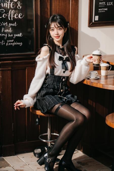 best quality, masterpiece, 1girl, solo, black hair, long hair, straight hair, looking at viewer, smile, sitting, full body, dating attire, sweater, white sweater, bow sweater, shoulder cutout, skirt, buttons skirt, suspender skirt, pantyhose, shoes, in cafe, coffee, people, detailed background, <lora:dating_attire_style8_v1:0.7>, <lora:Background Detail Enhanced_Si_v3.0:1.2>