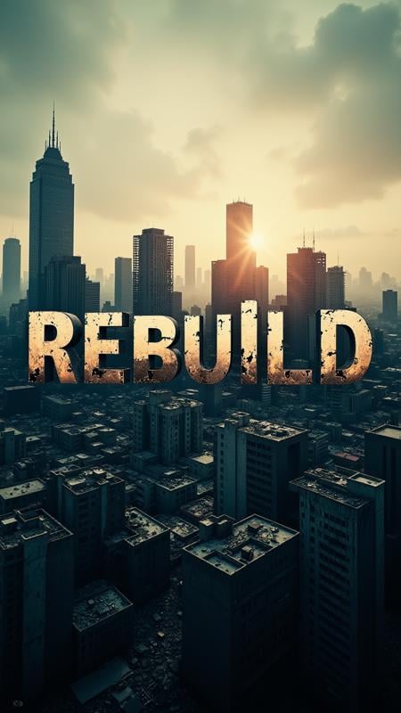 A dystopian movie poster featuring a ruined city skyline, where broken buildings spell out “Rebuild.” with Text: "Rebuild"   , aidmaTextImprover