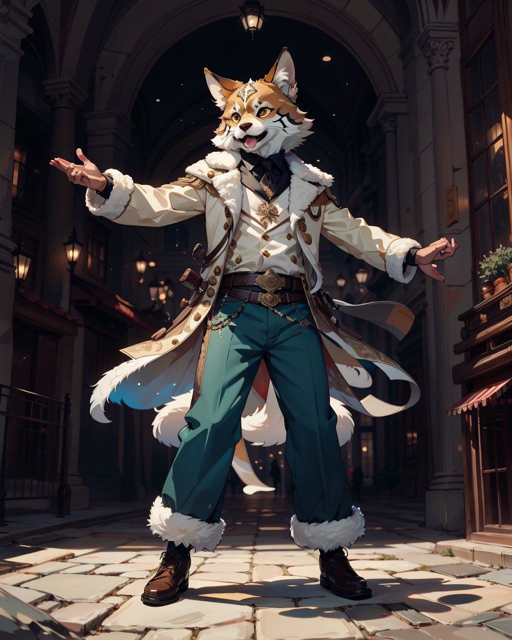 best quality,masterpiece,highly detailed,ultra-detailed,a furry dancing,fur, pants <lora:neg9V2_last:0.5>   <lora:furrytale:1>  