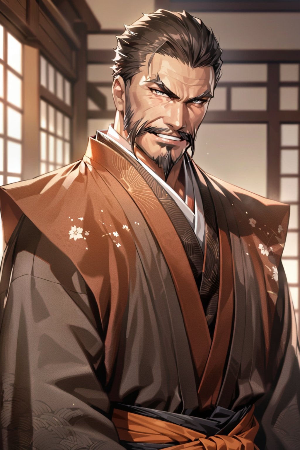 cowboy shot, (((smile))), saitou dousan, samurai, 1man, solo, japanese, male, kimono, mustache, young man, beard, kataginuhanhakama,(masterpiece, high-quality, breathtaking, highres, ultra detailed), (expressive eyes, perfect face) <lora:saitou dousan 526:1>