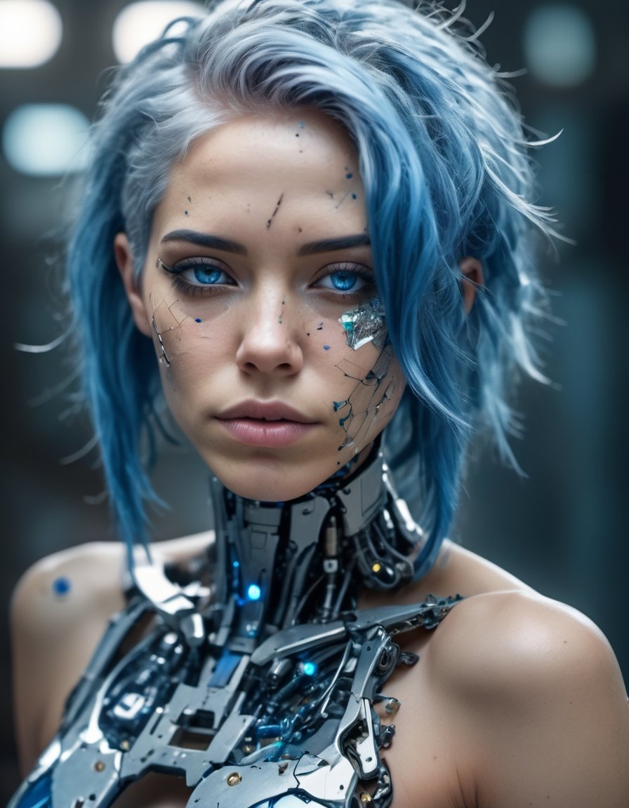 close up portrait of beautiful cyborg with blue hair, intricate, elegant, highly detailed, 8k uhd hdr, majestic, digital photography, broken glass, soft natural lighting, detailed skin texture,