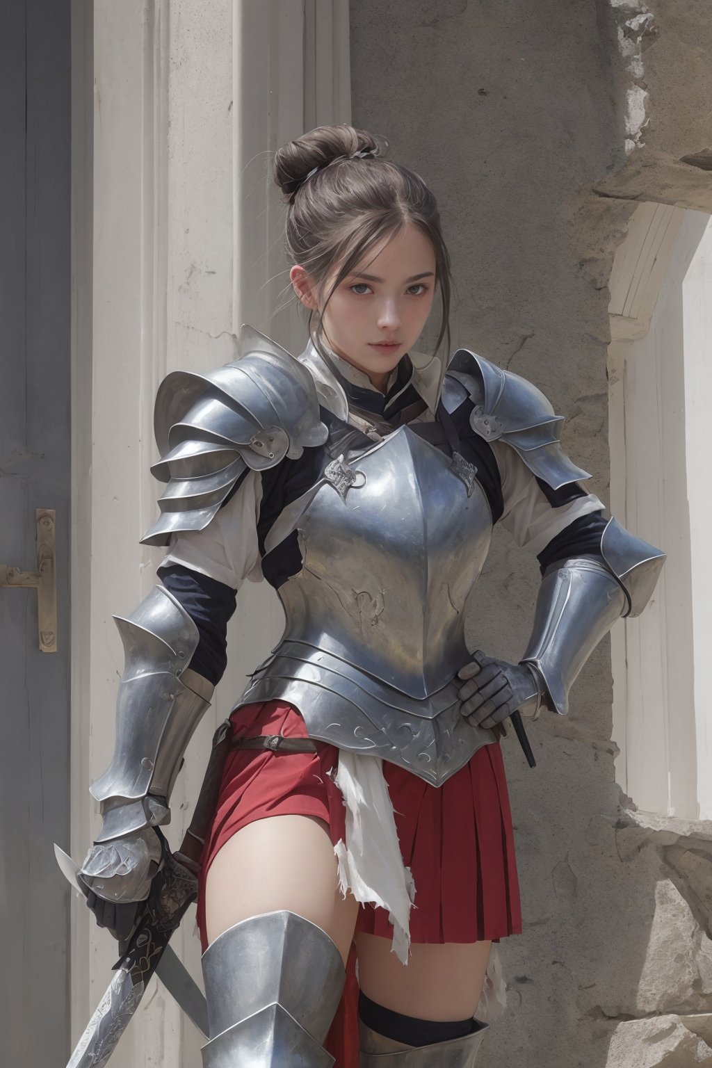 best quality,masterpiece,highly detailed,ultra-detailed,  weapon, armor, holding weapon,ambiguous gender, armor, armored boots, axe, full armor, gauntlets, greaves, grey eyes, headwear removed,, holding sword, holding weapon, knight, pauldrons, planted sword, red skirt, ribbon, scabbard, sheath, shoulder armor,  single hair bun, solo,, sword, torn clothes, vambraces, weapon, weapon over shoulder,ruins,oudoor, <lora:knight:0.7>