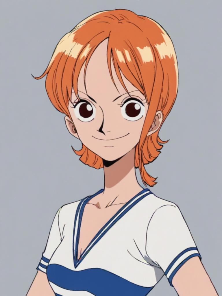 <lora:NamiPony1.0:1> nami, 1girl, short hair, orange hair, solo, striped shirt, yellow skirt, looking at viewer, smile, brown eyes, upper body,hand on own hip,smile, score_9,simple background,  score_8_up, score_7_up, score_6_up