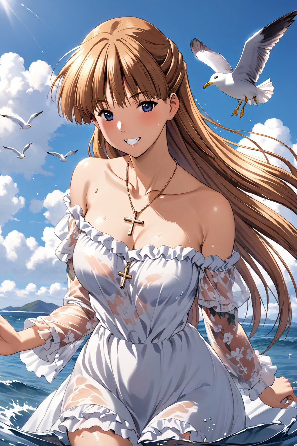 high detailed,very aesthetic,high detailed,very aesthetic, kanzaki asuka, 1girl, blonde hair, smile, dress, cloud, sky, outdoors, facing viewer, wading, white dress, brown hair, necklace, blush, water, day, grin, jewelry, long hair, floral print, blue sky, ^_^, cloudy sky, bird, bare shoulders, standing, off shoulder, long sleeves, ocean, frills, off-shoulder dress, arms at sides, water drop, wet, collarbone, frilled dress, cross, see-through, teeth, cross necklace, cowboy shot, print dress, floating hair, frilled sleeves, wind, wet clothes, open mouth, short dress, seagull, masterpiece, best quality, cute girl, beautiful girl, perfect body, perfect face, shiny eyes,<lora:kanzaki asuka aam:0.8>