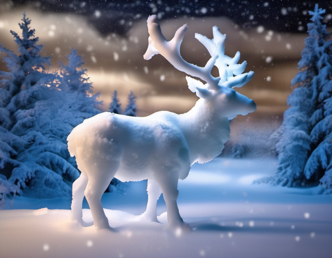 <lora:aether_snow_test_2_231219_SDXL_LoRA_1e-6_128_dim_70_epochs_epoch_65:1> photo of an elk made of snow, cinematic night