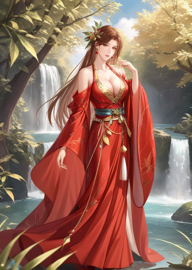 (best quality), ((masterpiece)), (highres), illustration, original, extremely detailed,  <lora:古风·鸢行风上:0.7>1girl, breasts, long hair, solo, waterfall, brown hair, water, jewelry, hair ornament, cleavage, hair stick, bare shoulders, outdoors, dress, earrings, red dress, leaf, sash, large breasts, looking at viewer, full body, brown eyes, parted lips, holding, tree, collarbone, river, bell, hand up