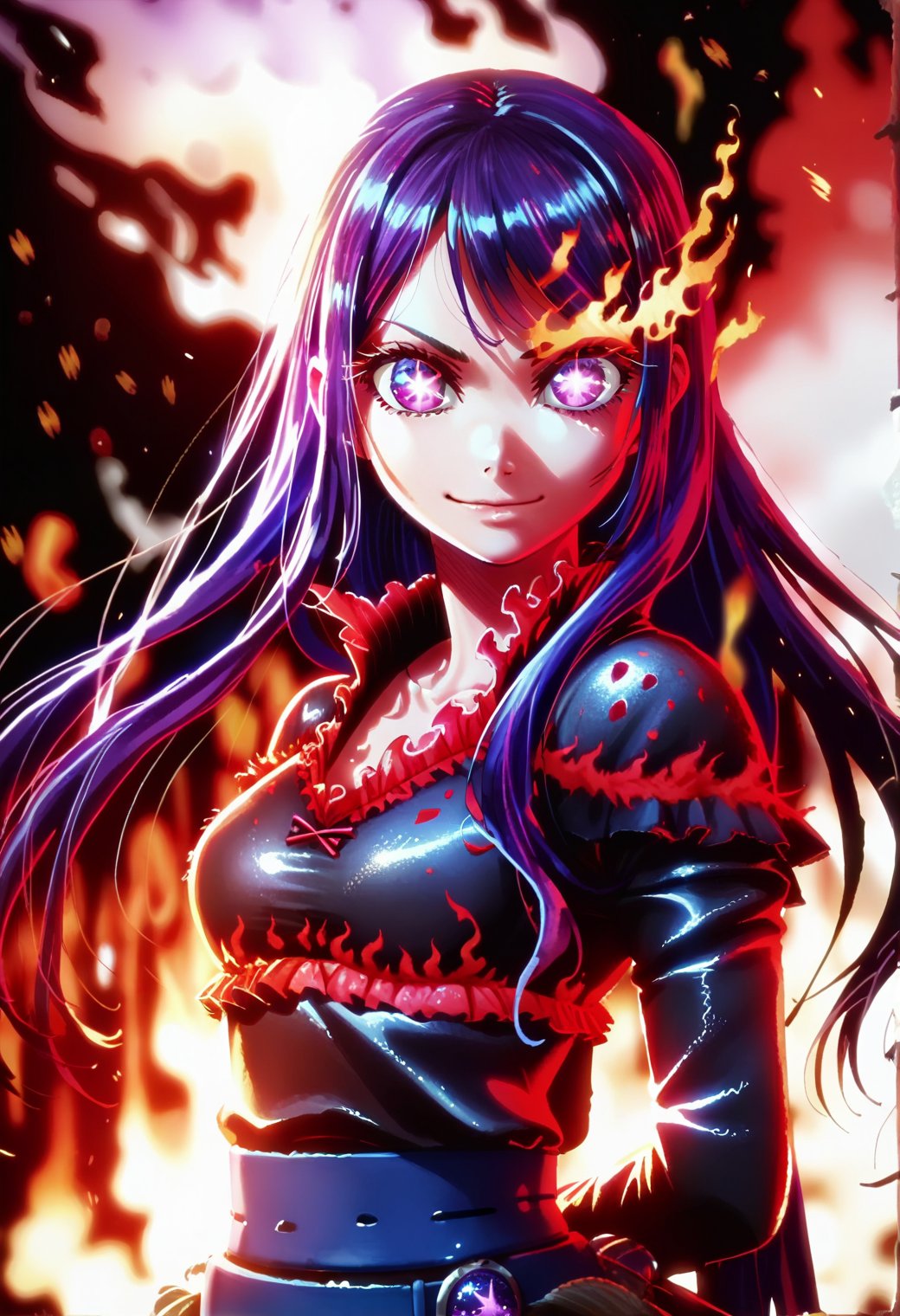 firegirl, <lora:firegirl_ponyxl_v1:0.6>, 1girl, hoshinoai, solo, <lora:hoshinoai_ponyxl:0.8>, purple hair, purple eyes, long hair, (star-shaped pupils), standing, closed mouth, (burning hair:1.2), looking at viewer, blurry background, smile, long hair, solo, burning, fire aura, magma belt, burning clothes, glowing eyes, looking at viewer, jewelry, glowing blue belt, fingernails, arms behind back, fiery background, sparks, smoke, black background, dark, bioluminescent dress, upper body,BREAKbacklighting, score_9, score_8_up, score_7_up, score_6_up, <lora:fiz-rot_pony_v3:0.4>, BREAK
(high quality, detailed, beautiful), shiny, detailed beautiful eyes, outstanding, countershading, detailed soft lighting