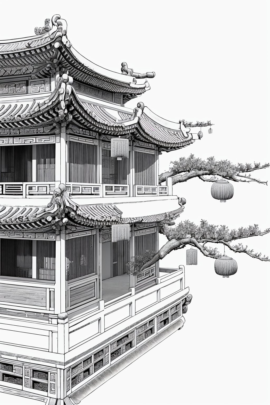 Needle drawing,ancient chinese architecture,greyscale,monochrome,solo,white background,simple background,masterpiece,best,<lora:LB_Needle_v1.0:0.8>,