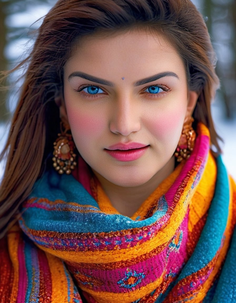 HoneyRose,HDR photo of extreme close-up of a woman wrapped in a brightly colored heavy scarf, brunette hair with light blonde highlights, perfect eyes, luscious full lips, light makeup, rosy cheeks, heavy snow . High dynamic range, vivid, rich details, clear shadows and highlights, realistic, intense, enhanced contrast, highly detailed