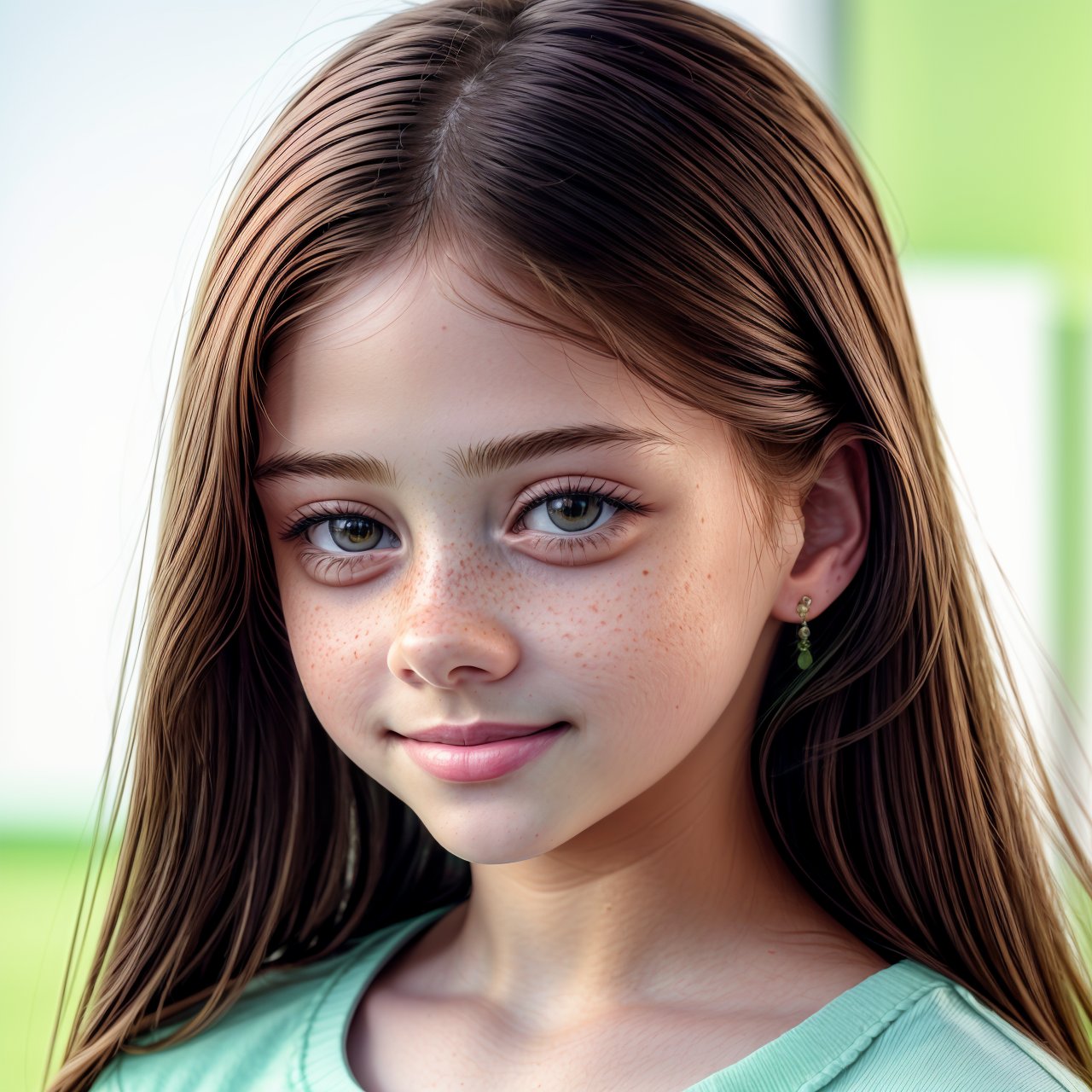 (masterpiece:1.3), HD quality, HD, HQ, 4K view from above, close up of smiling (AIDA_LoRA_RiWo:1.07) <lora:AIDA_LoRA_RiWo:0.88> in (simple light green shirt:1.1), [little girl], glossy skin with visible pores and freckles, pretty face, parted lips, hyper realistic, kkw-ph1, (colorful:1.1), (studio photo:1.1), (simple white background:1.1)