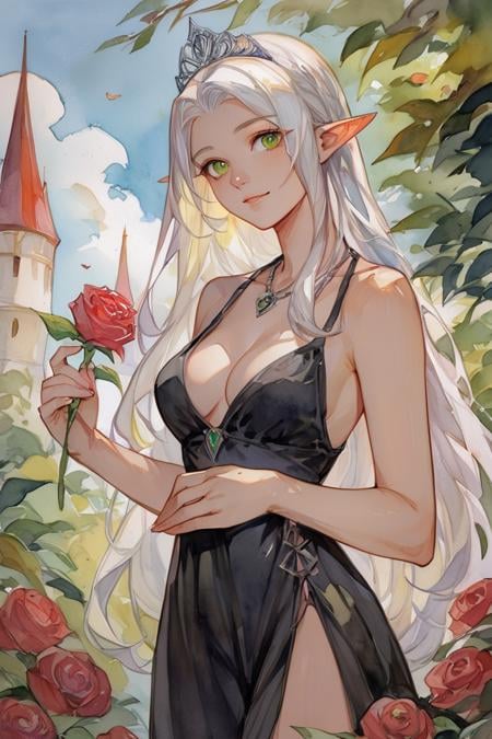 score_9, score_8_up, score_7_up, rating_safe, watercolor \(medium\), traditional media, 1girl, solo, elf, pointy ears, breasts, long hair, very long hair, white hair, green eyes, portrait, looking at viewer, black dress, tiara, silver tiara, holding, holding flower, rose, red rose, necklace, jewelry, cowboy shot, standing, outdoors, castle <lora:Watercolor Anime Style LoRA_Pony XL v6:0.7>