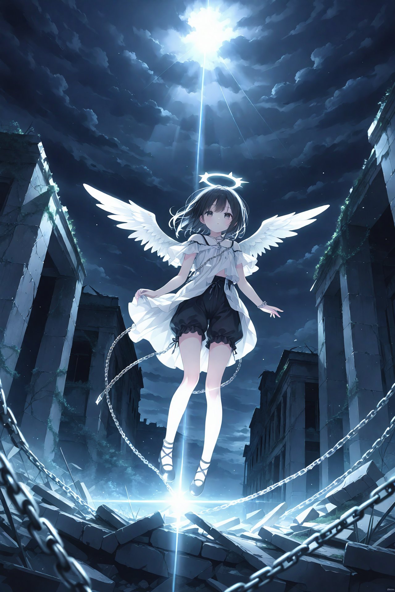 masterpiece,best quality,high quality,(colorful),1girl,loli,(sunlight),(angel),dynamic angle,floating,wing,halo,floating white silk,(Holy Light),silver stars,1girl,chain ring,chain storm,dark chain,((wholeblack bloomer)),darkside,night,deep dark,darkness,((dark clouds)),((ruins)),shadow,death garden,