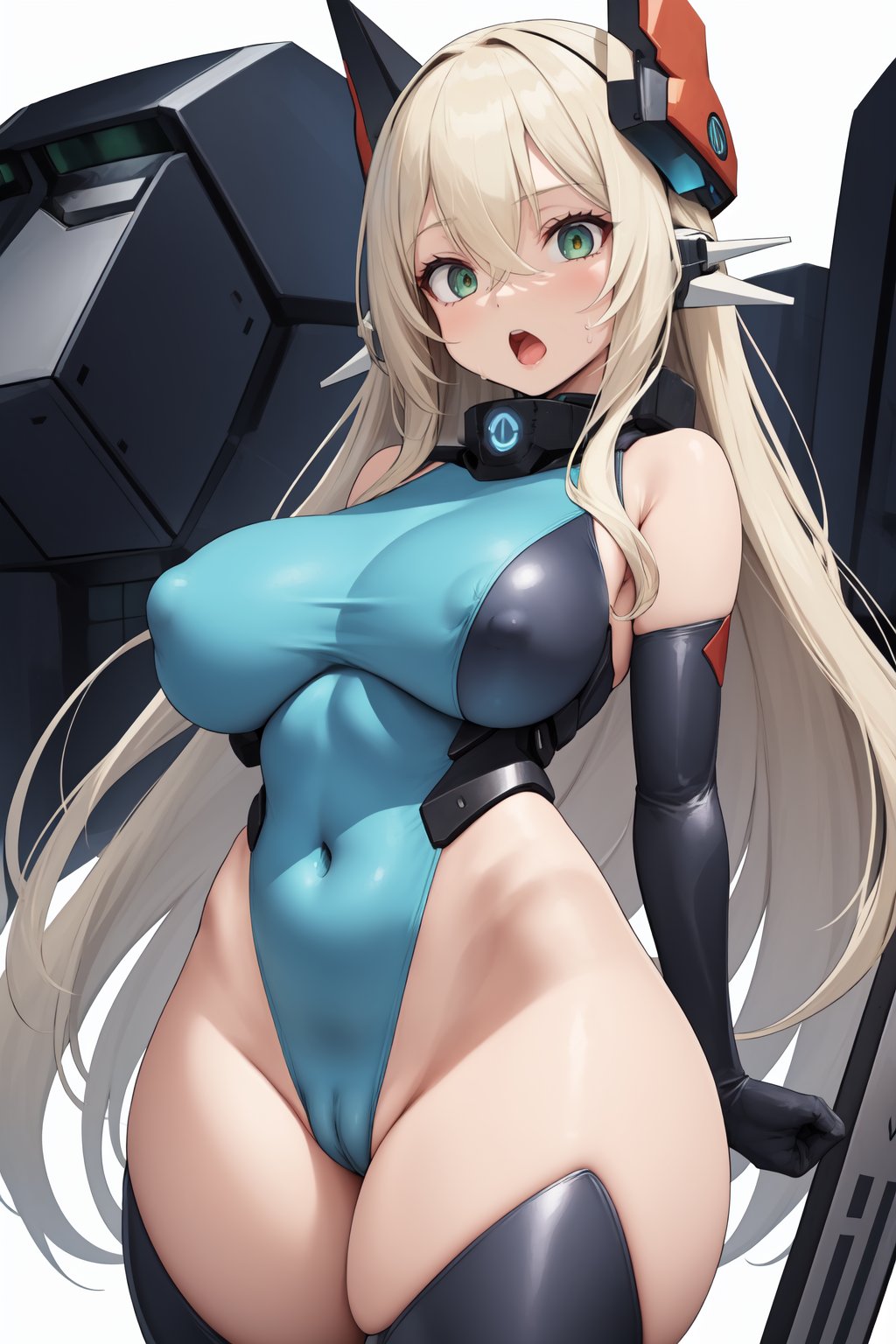 1girl, gigantic breasts, bare shoulders, blonde hair, breasts, cameltoe, character name, copyright name, covered navel, elbow gloves, flying sweatdrops, gloves, green eyes, grey gloves, grey leotard, groin, hair between eyes, headgear, leotard, long hair, mecha musume, open mouth, simple background, small breasts, solo, very long hair, white background, 