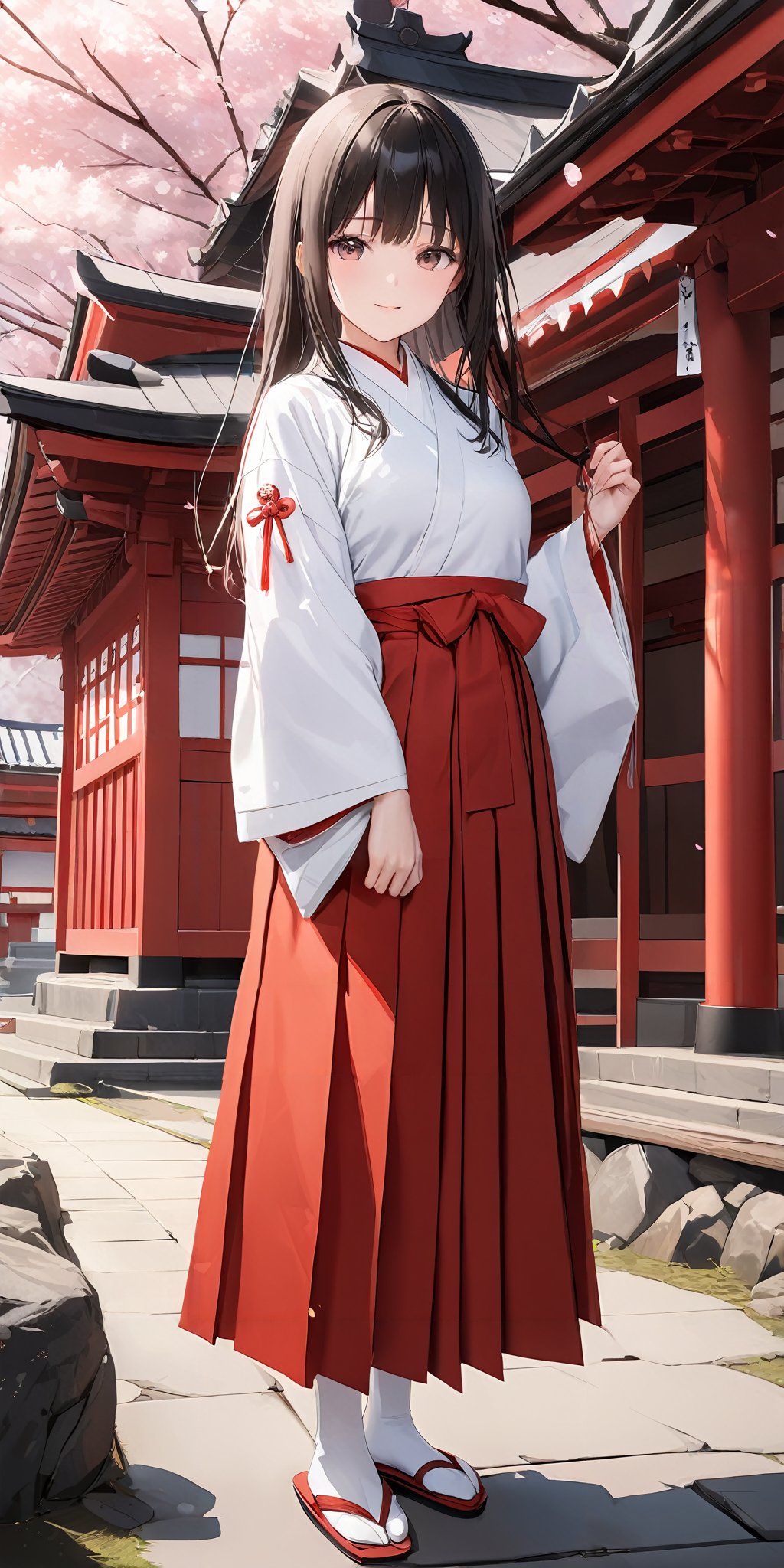 masterpiece,ultra-detailed,best quality,8K,illustration,cute face,clean skin ,shiny hair,girl,simple background, full body,<lora:add-detail-xl:1>    <lora:miko_XL_V1.0:0.6> jyojifuku, miko,red hakama,temple,cherry blossom