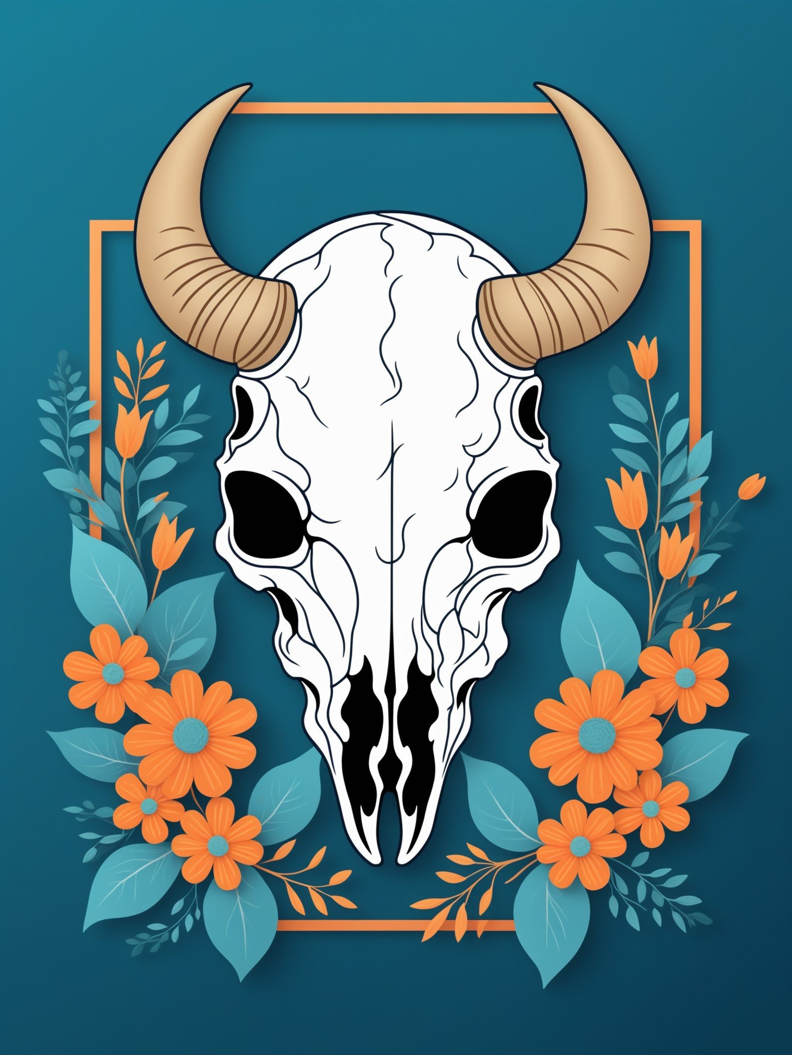 FRESHIDEAS landscape,A vector illustration of an animal skull with flowers growing from its horns, set against the backdrop of teal and orange hues. The design is framed by two simple lines that create a frame for it. A logo in white text reads 'Bison' at bottom center on a dark blue background. This artwork has been created using Adobe Illustrator with flat colors and vector graphics. It uses vector elements as well