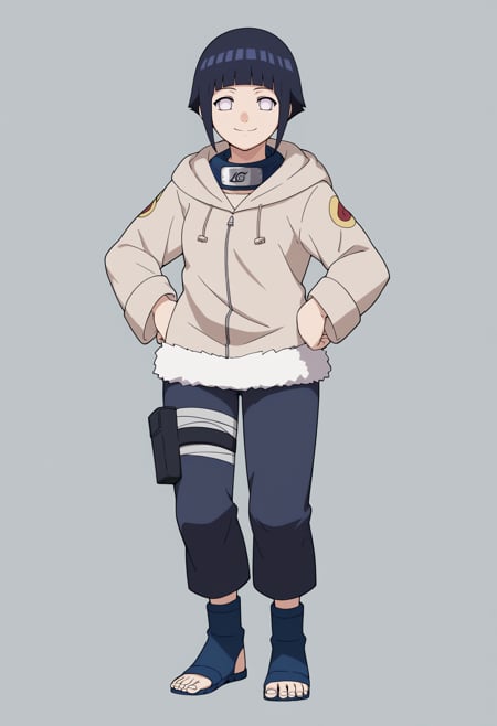 score_9, score_8_up, score_7_up, score_6_up, score_5_up, score_4_up, BREAK, source_anime,1girl, hyuuga hinata, short hair, black hair, no pupils, blunt bangs, shiny hair, white eyes, hoodie, hood down, long sleeves, capri pants, fur trim, thigh holster,  toeless footwear,hands on hips, smile, standing, full body, looking at viewer, solo, simple background, white background  <lora:HinataGeninXL:1>