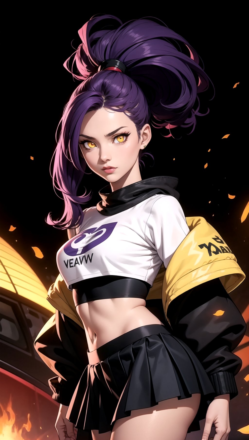 (masterpiece, best quality), 1girl, purple hair, yellow eyes, glowing eyes, crop top, skirt,