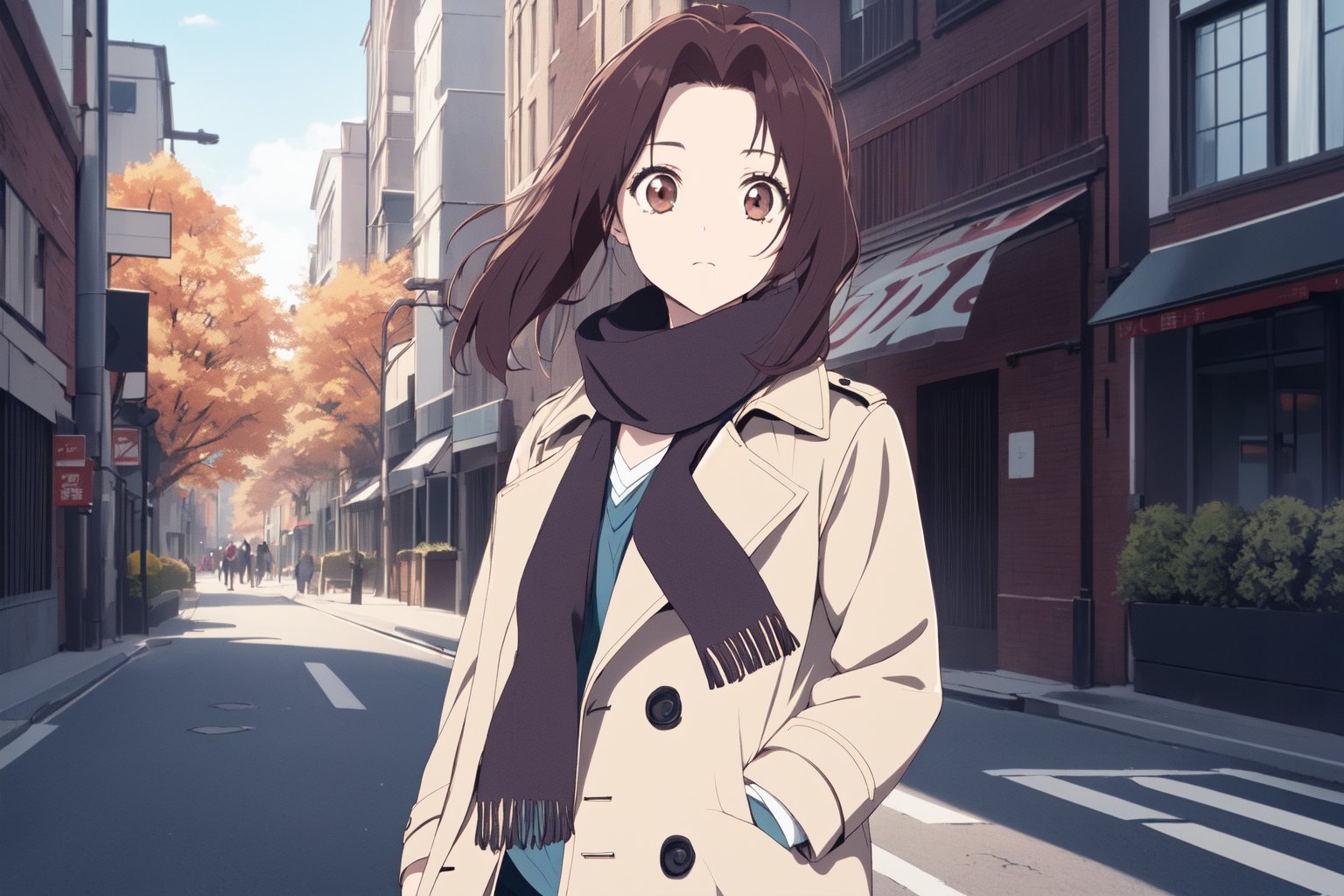 (RAW photo, best quality), 1girl,  natural lighting, <lora:aoi_takamoto_dr_elise_v1_2:1>, aoi takamotoautumn, city streets, windy, trench coat, scarf, 