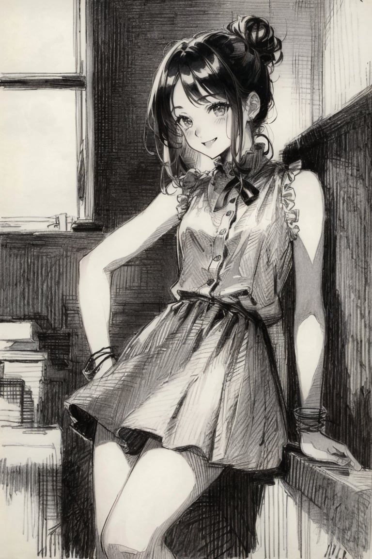 ((HRD, HUD, 8K)),((masterpiece, best quality)), highly detailed, soft light,PenDrawing, 1girl, solo, monochrome, dress, jewelry, traditional media, sleeveless, greyscale, smile, window, bracelet, sketch, hair bun, <lora:20240502-1714613055003:0.8>