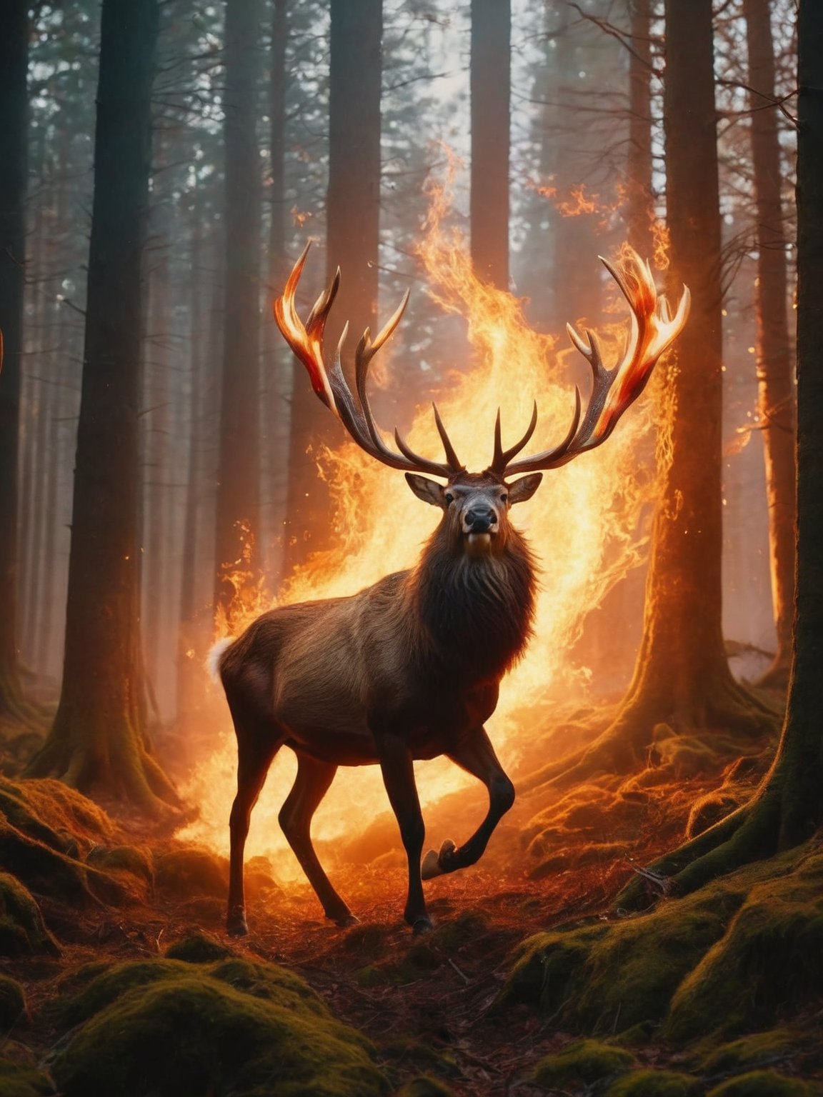 A majestic stag, its antlers adorned with flickering flames, gallops through a fiery forest, its eyes burning with an otherworldly light. <lora:GoodPhotoV1.0_alpha1.0_rank8_noxattn_700steps:1>