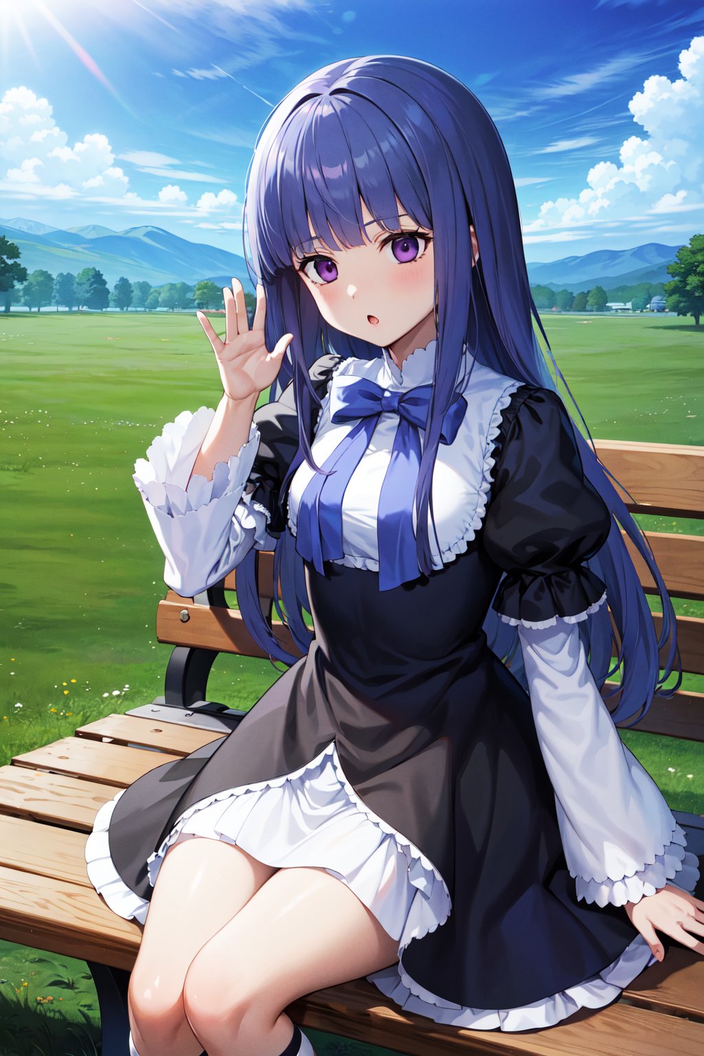 masterpiece, best quality, highres, aabern, long hair, blue hair, blunt bangs, purple eyes, bowtie, frills, black dress, puffy sleeves, short over long sleeves, long sleeves, <lora:frederica_bernkastel_v1:0.7>, sitting, bench, outdoors, :o, waving