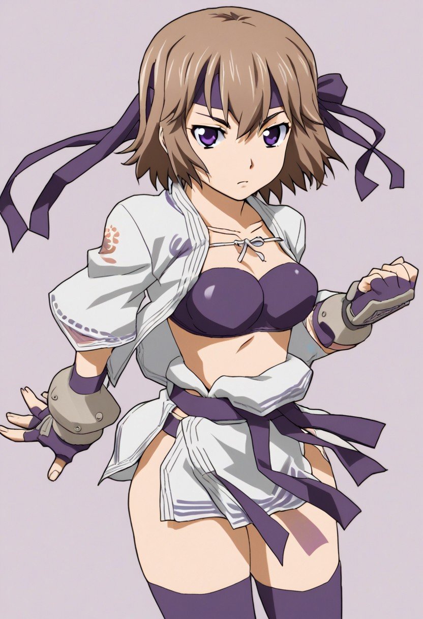 1girl, belt, bra, brown hair, dougi, gloves, fingerless gloves, headband, headwear, pantsu, purple eyes, short hair, tighhighs,