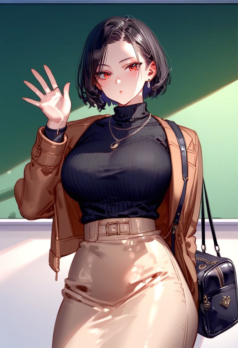 score_9, score_8_up, score_7_up, score_6_up, score_5_up, score_4_up, source_anime,<lora:RAR 0.1v:0.7>, RAR, 1girl, breasts, skirt, solo, black hair, bag, short hair, necklace, jewelry, sweater, jacket, turtleneck, arm behind back, large breasts, chalkboard, black sweater, turtleneck sweater, waving, looking at viewer, handbag, brown eyes, open clothes, open jacket, long sleeves, red eyes, bangs, brown jacket, long skirt, high-waist skirt, brown skirt, shoulder bag, shirt, black shirt, shirt tucked in, parted lips, yellow skirt, hand up, standing, parted bangs, expressionless,