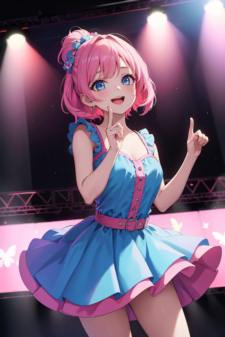 1girl, idol, wearing a playful dress, on stage, pastel colors, excited, dynamic pose, atmospheric scene, official art, digital art, highly detailed, vibrant, cinematic lighting, shadows, highlights, (masterpiece, best quality)hands hidden from view