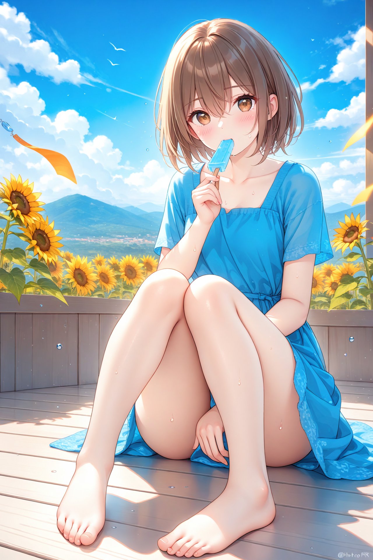 (masterpiece),(best quality),illustration,ultra detailed,hdr,Depth of field,(colorful),1girl,solo,barefoot,brown hair,summer,cloud,brown eyes,sitting,dress,food,mouth hold,day,sky,soles,short hair,wind chime,short sleeves,electric fan,feet,blue dress,hair between eyes,bangs,blush,flower,blue sky,indoors,popsicle,toes,twitter username,on floor,looking at viewer,collarbone,sweat,sunflower,cloudy sky,towel,