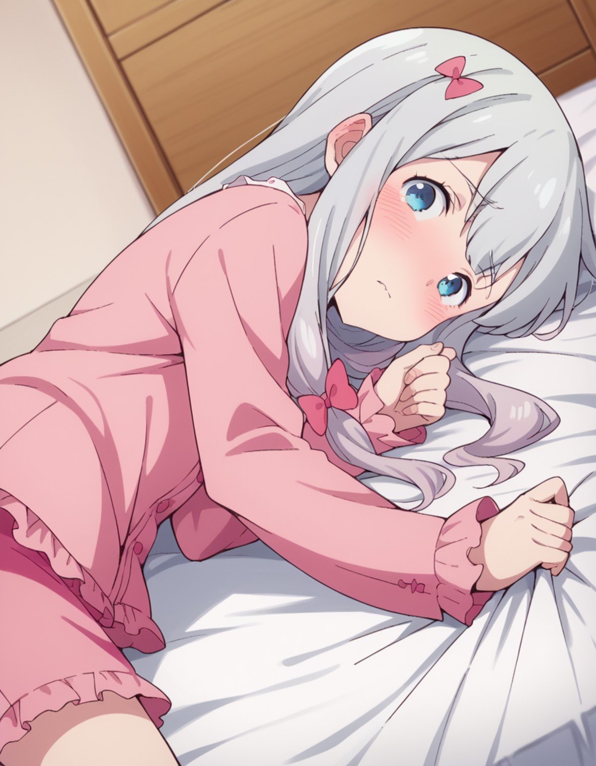 score_9, score_8_up, score_7_up, source_anime,sagiriizumi, <lora:sagiri-izumi-s1-ponyxl-lora-nochekaiser:1>,sagiri izumi, long hair, blue eyes, bow, hair bow, grey hair, pink bow,ribbon, shorts, pink shirt, pajamas, pink shorts,indoors, bed, bed room, on side, blush, drunk,solo, looking at viewer, cowboy shot, dutch angle,