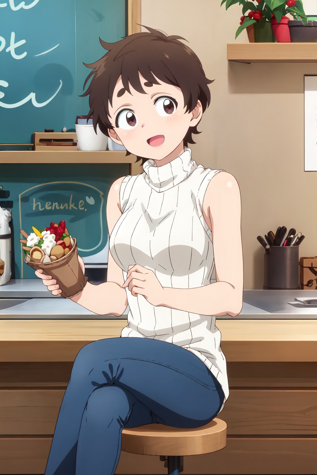 Nokoko Inaka, (8k, HD), 1girl, solo, looking at viewer, smile, short hair, open mouth, brown hair, holding, brown eyes, sitting, food, sleeveless, pants, indoors, sweater, turtleneck, crossed legs, denim, ribbed sweater, jeans, turtleneck sweater, sleeveless turtleneck, stool, counter<lora:EMS-468467-EMS:0.800000>