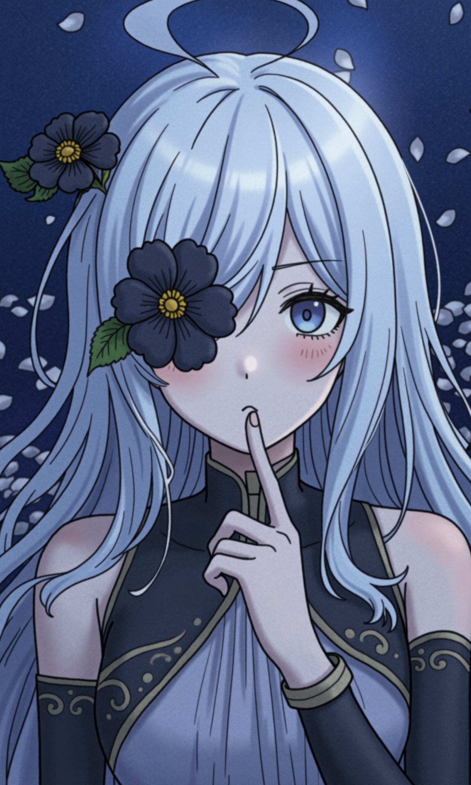 A dramatic and emotional anime portrait of a woman with long, flowing white hair. She is surrounded by a swirling mist of dark blue and silver, creating a mystical atmosphere. A blooming black flower covers one eye, adding an air of mystery. The background is a deep blue, filled with silver petals. She holds a finger to her lips in a shushing gesture.