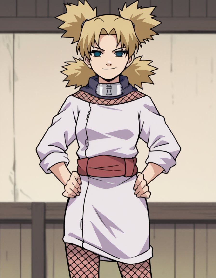 score_9, score_8_up, score_7_up, source_anime, <lora:temari-s1-ponyxl-lora-nochekaiser:1>, temari, bangs, blonde hair, quad tails, blue eyes,, long sleeves, fishnets, sleeves rolled up, forehead protector, sleeves pushed up, sleeves past elbows, sash, dress, purple dress,, indoors, smug, smile, looking at viewer, solo, hands on hips,, cowboy shot, dutch angle