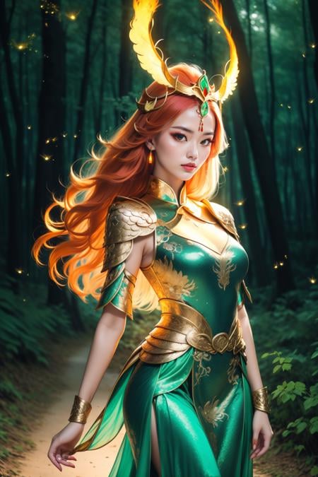 cinematic photo 1girl,solo, beautiful adult woman, honey hair hair high detail, best quality, high quality,  <lora:DragonArmor-66:0.8>, dr4g0n, bokeh,from below, (forehead jewel), china dress,  (headdress),  ((luminescent, ancient forest, fireflies, captivating presence)) . 35mm photograph, film, bokeh, professional, 4k, highly detailed