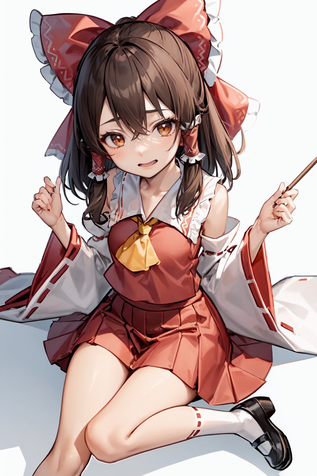 1girl, hakurei reimu, , ascot, bare shoulders, black footwear, bow, brown eyes, brown hair, chibi, detached sleeves, hair bow, hair tubes, happy, long sleeves, mary janes, medium hair, nontraditional miko, open mouth, red bow, red shirt, red skirt, ribbon-trimmed sleeves, ribbon trim, shirt, shoes, sidelocks, simple background, skirt, skirt set, sleeveless, sleeveless shirt, solo, white background, white shirt, white sleeves, wide sleeves, yellow ascot, yin yang, 