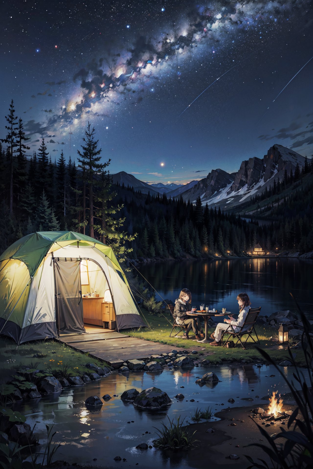 ((best quality, masterpiece, absurbres, super-resolution)), camping, starry night, surrounded by nature
