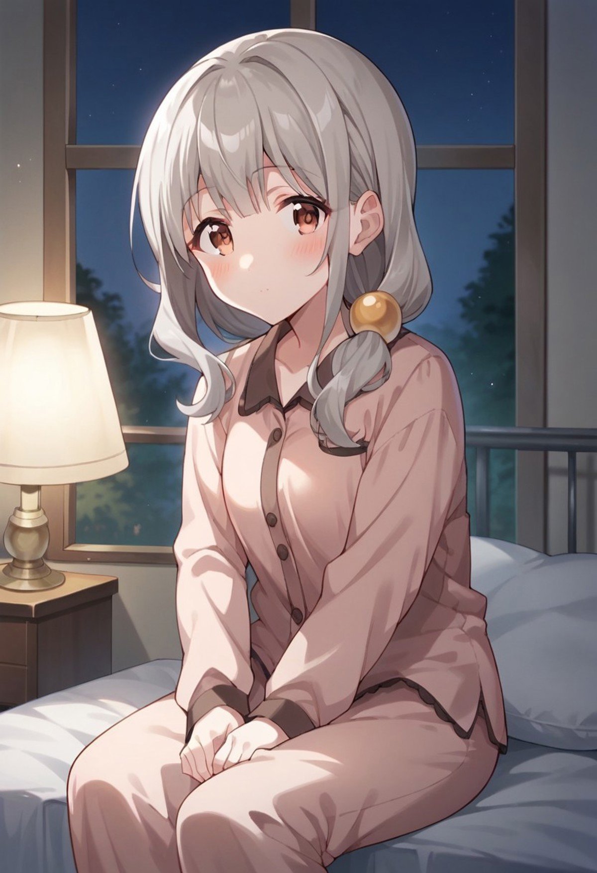 score_9, score_8_up, score_7_up, source_anime, morino mari, grey hair, brown eyes, long hair,1girl, solo, pajamas, hair ornament, looking at viewer, night, long sleeves, sitting, pillow, blush, lamp