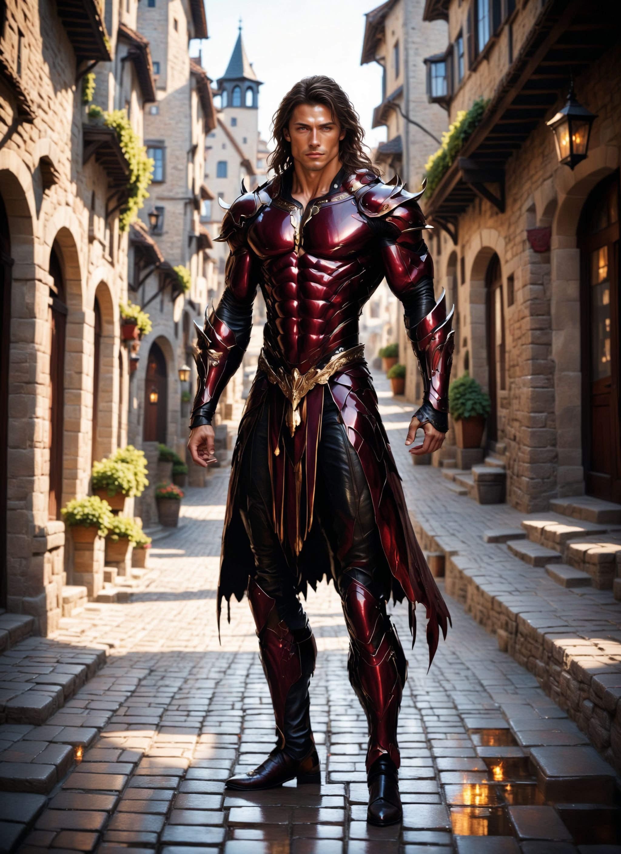 Split Diopter Shot for Foreground Detail view, photorealistic 8k raw photography, male in Dark Brown hdsrmr, long hair burgundy Choppy crop, Intricate details, shapeless physique, Enhanced reflection, Dynamic stance, Fiery aura, Insane color palette, Cobbled Streets in European Villages background, Shimmering reflections, Mysterious lighting, Intriguing setting  <lora:Armor from HaDeS XL v4.0 ReTRaiNeD:1>