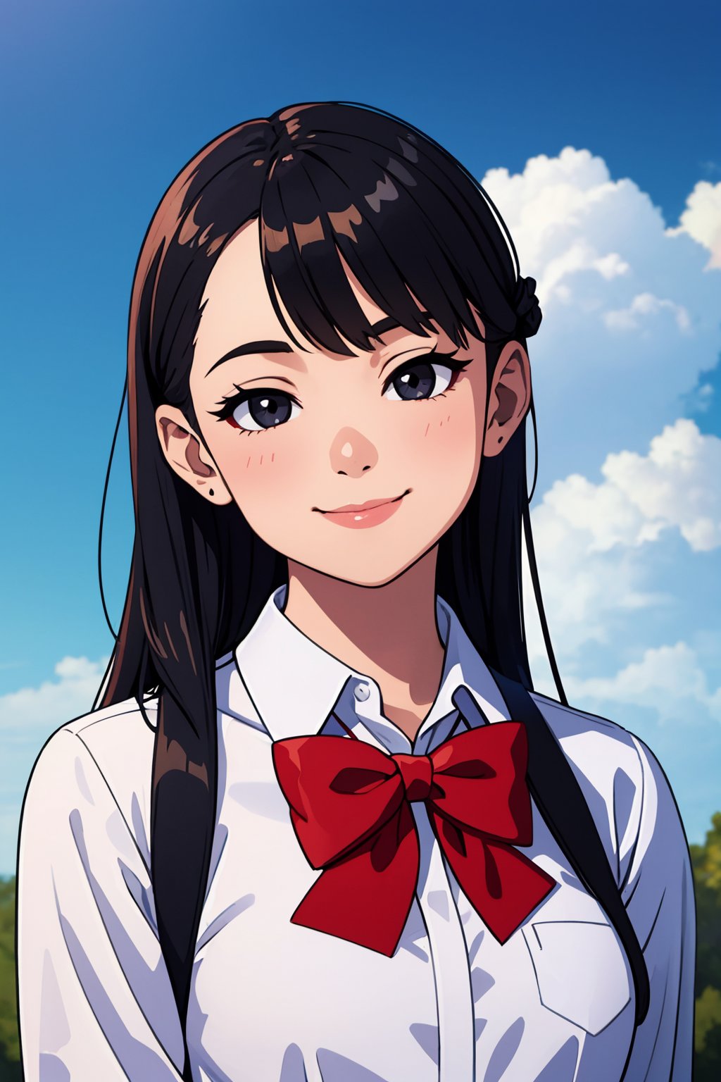 (best quality:1.4),(masterpiece:1.4),(8K:1.4),(extremely detailed:1.4),1girl,solo,long hair,shirt,looking at viewer,white shirt,collared shirt,black eyes,smile,bow,red bow,closed mouth,portrait,black hair,bowtie,black bowtie,upper body,cloud,sky,shiny,shiny skin,