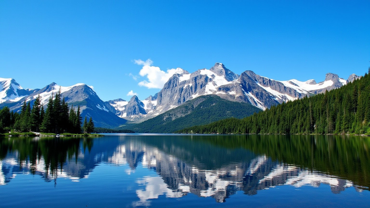 This is a high-resolution photograph capturing a serene mountain lake surrounded by lush greenery and towering mountains. The image is taken in a bright, sunny day with a clear blue sky. The foreground features a calm, reflective lake that mirrors the majestic mountain peaks in the background. The lake's surface is smooth and glass-like, almost perfectly reflecting the surrounding landscape.The mountains in the background are covered with patches of snow and rugged, jagged peaks. The tallest peak, likely Mount Rainier, is prominently displayed on the right side of the image, its white snowcaps contrasting sharply with the dark, rocky terrain. Smaller peaks and ridges extend left and right from this central peak, adding depth and complexity to the scene.The middle ground is dominated by a dense forest of evergreen trees, primarily Douglas firs, which vary in height and are scattered across the landscape. The trees are a rich, dark green, and their needles create a lush, verdant carpet that covers the lower slopes of the mountains.The background is a clear, vibrant blue sky with a few wispy clouds near the horizon, suggesting a clear, crisp day. The overall composition is balanced and harmonious, capturing the pristine beauty of a natural mountainous landscape.<lora:flux_realism_lora:0.8>  <lora:us_national_parks_lora_flux_v1:1>