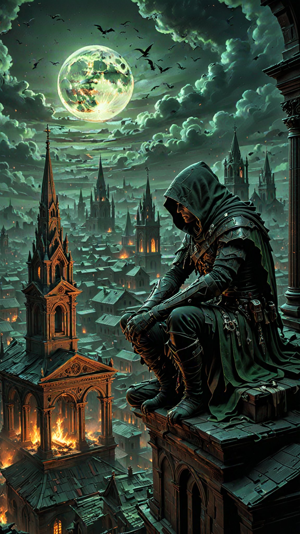 (Horde of Assassins Creed), polarized, at night, Sitting on the roof of ancient Church, looking down on to the burning city, Green Moon, filled with forbidden knowledge, where scholars and sorcerers search for lost spells among the dusty tomes. Ghostly guardians patrol the aisles, ready to protect the secrets within, dark magic and grotesque creatures abound, punk aesthetic, dark fantasy world combines grim landscapes with vibrant, Deep colorful art, heroes skirmish monstrous foes in a setting where rebellion, decay, and mysticism intertwine, crafting a unique, immersive vibe, hyper detailed, professional poster art, bold lines, award winning, trending on ArtStation , (intricate details, masterpiece, best quality), dynamic pose, (Use Dream Diffusion Secret Prompt), <lora:3D_Framed_Wall_Art_-_By_DICE:1>, (Framed 3D, Fire), UHD