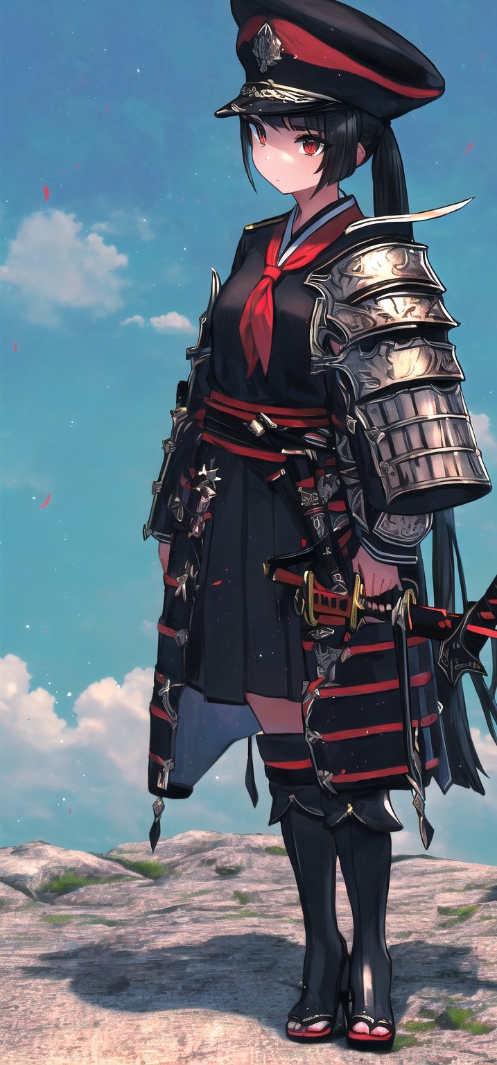 (Masterpiece, Best Quality:1.3), absurdres, (8k resolution), full body, full angle view, illustration, saba_styl3, 1girl, solo, long hair, looking at viewer, skirt,  shirt, black hair, red eyes, long sleeves, hat, holding, closed mouth, uniform, ponytail, weapon, cowboy shot, sword, black skirt, armor, neckerchief, parted bangs, black shirt, holding sword, katana, shoulder armor, sheath, japanese armor,(extremely detailed), ((depth of field)), fantastic composition, (shadow), sky, cloud, (highly detailed), floating particles, <lora:saba_style_full2-step00002000:1.5>